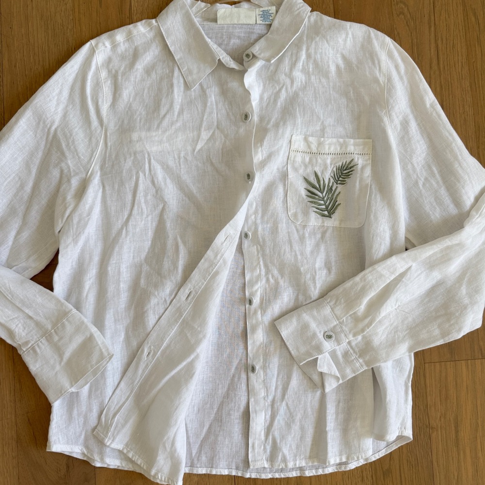 Calypso St. Barth Button Down Women L White Linen Palm Embroidery Shirt 13162